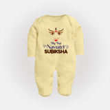 My First Navratri Sleep suit/full sleeve body suit | Personalized Baby Sleep suit/full sleeve body suit for Navratri Festivities - PASTEL YELLOW - New Born (Chest 7.5")