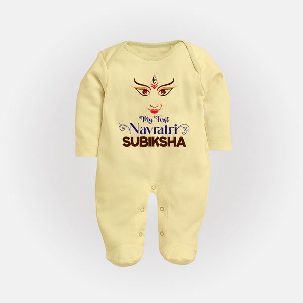 My First Navratri Sleep suit/full sleeve body suit | Personalized Baby Sleep suit/full sleeve body suit for Navratri Festivities - PASTEL YELLOW - New Born (Chest 7.5")