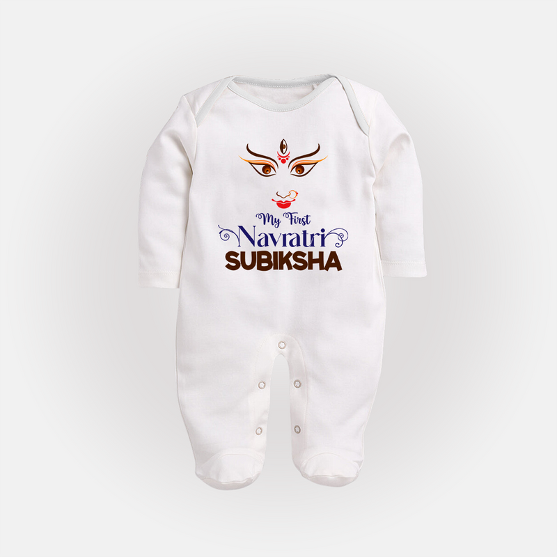 My First Navratri Sleep suit/full sleeve body suit | Personalized Baby Sleep suit/full sleeve body suit for Navratri Festivities - WHITE - New Born (Chest 7.5")