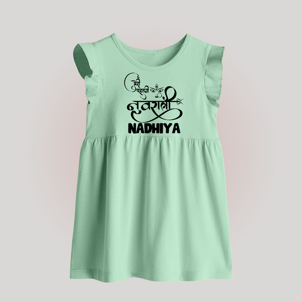 My First Navratri Devi Eyes Personalized Baby Frock - MINT GREEN - 0 - 3 Months Old (Chest 17")