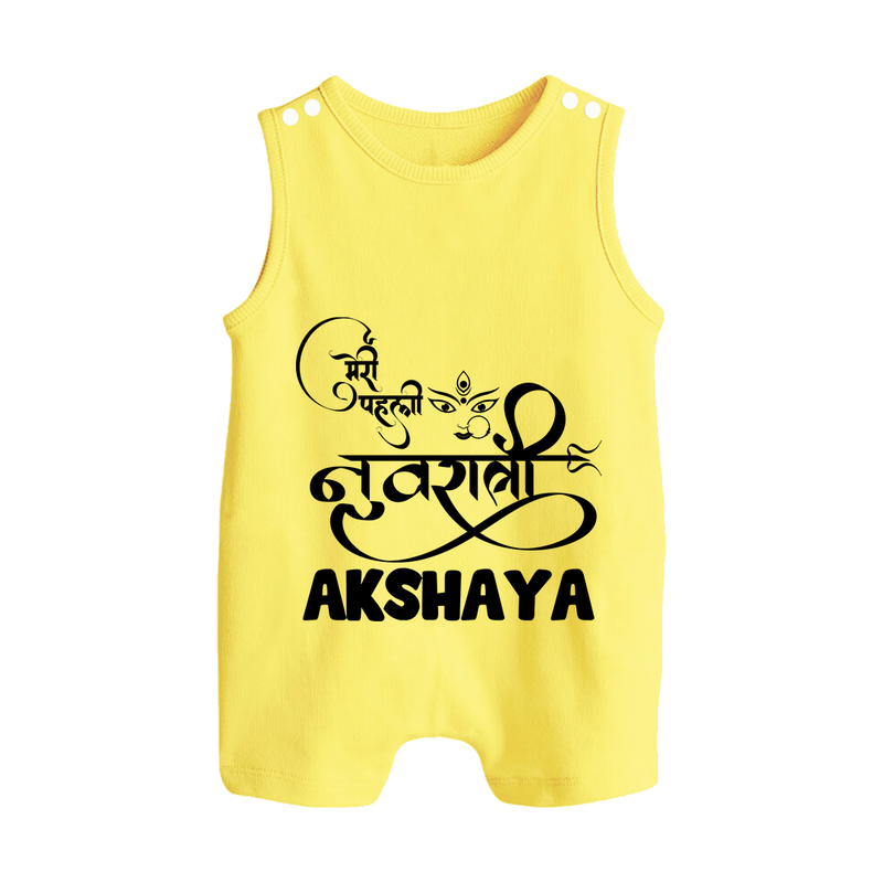 My First Navratri Romper suit/sleeveless romper | Custom Baby Romper suit/sleeveless romper for Baby's First Navratri - PASTEL YELLOW - 0 - 5 Months Old (Chest 18")