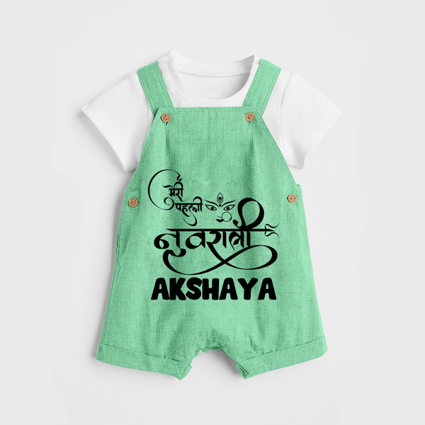 My First Navratri Dungaree set | Custom Baby Dungaree set for Baby's First Navratri - GREEN - 0 - 5 Months Old (Chest 18")