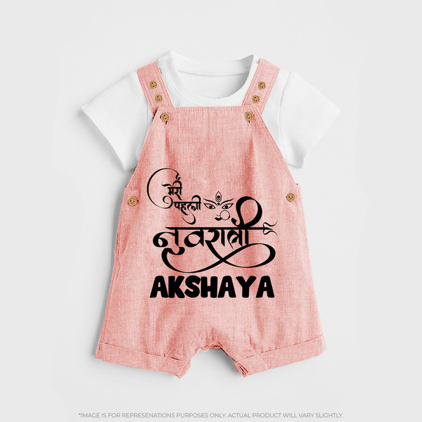 My First Navratri Dungaree set | Custom Baby Dungaree set for Baby's First Navratri - PEACH - 0 - 5 Months Old (Chest 18")