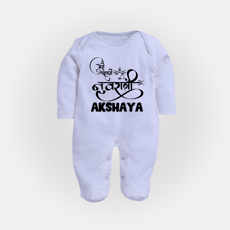 My First Navratri Sleep suit/full sleeve body suit | Custom Baby Sleep suit/full sleeve body suit for Baby's First Navratri - BABY BLUE - New Born (Chest 7.5")