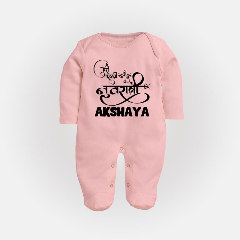 My First Navratri Sleep suit/full sleeve body suit | Custom Baby Sleep suit/full sleeve body suit for Baby's First Navratri - BABY PINK - New Born (Chest 7.5")