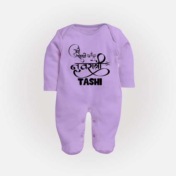 My First Navratri Devi Eyes Personalized Full Body Suit - LILAC - New Born (Chest 7.5")