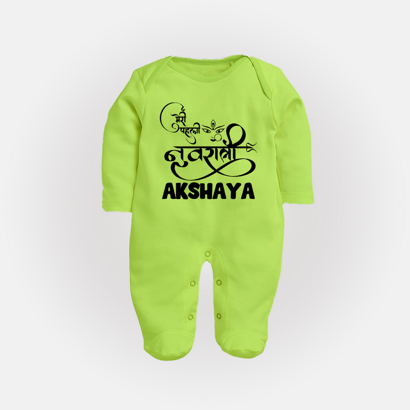 My First Navratri Sleep suit/full sleeve body suit | Custom Baby Sleep suit/full sleeve body suit for Baby's First Navratri - LIME GREEN - New Born (Chest 7.5")