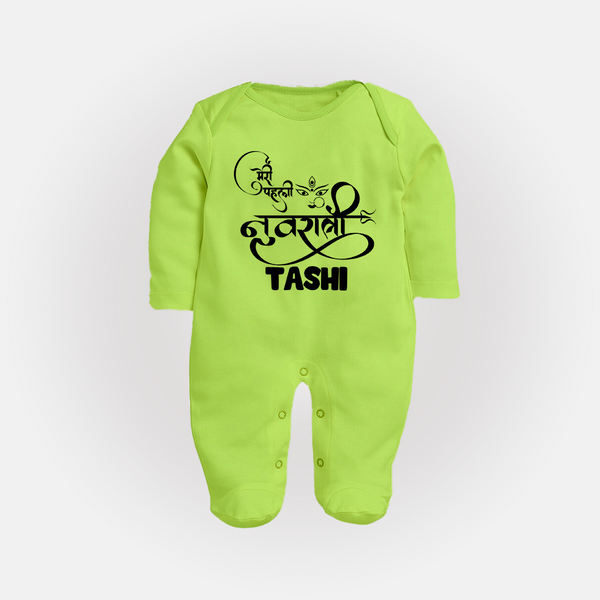 My First Navratri Devi Eyes Personalized Full Body Suit - LIME GREEN - New Born (Chest 7.5")