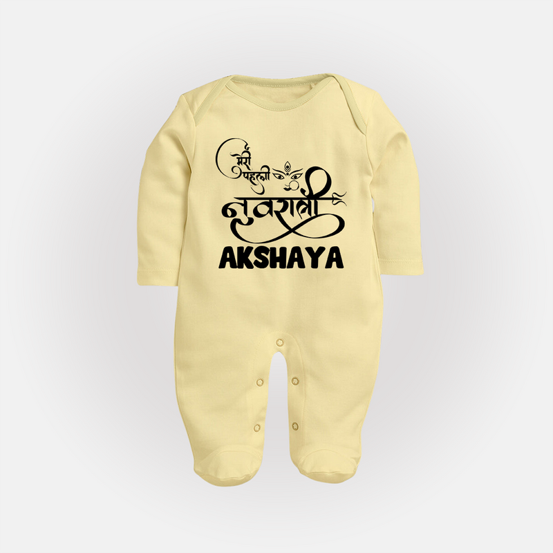 My First Navratri Sleep suit/full sleeve body suit | Custom Baby Sleep suit/full sleeve body suit for Baby's First Navratri - PASTEL YELLOW - New Born (Chest 7.5")