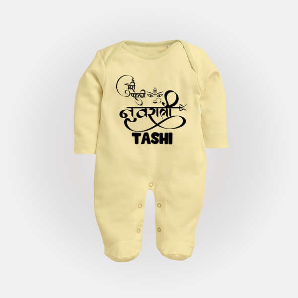 My First Navratri Devi Eyes Personalized Full Body Suit - PASTEL YELLOW - New Born (Chest 7.5")