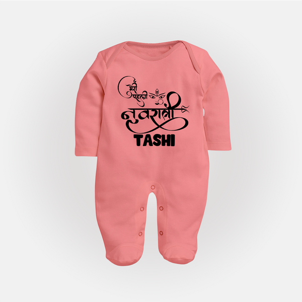 My First Navratri Devi Eyes Personalized Full Body Suit - PEACH - New Born (Chest 7.5")