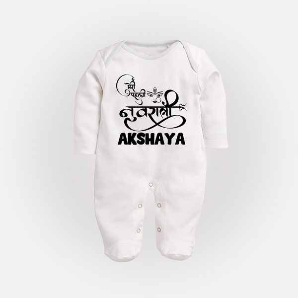 My First Navratri Sleep suit/full sleeve body suit | Custom Baby Sleep suit/full sleeve body suit for Baby's First Navratri - WHITE - New Born (Chest 7.5")