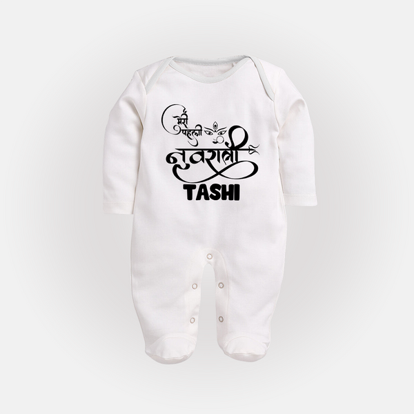 My First Navratri Devi Eyes Personalized Full Body Suit - WHITE - New Born (Chest 7.5")