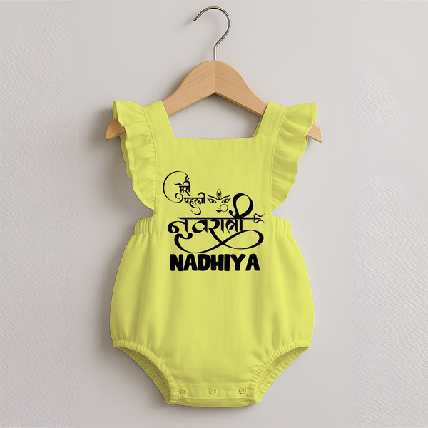 My First Navratri Devi Eyes Personalized Romper Frock - PASTEL YELLOW - 0 - 3 Months Old (Chest 19")