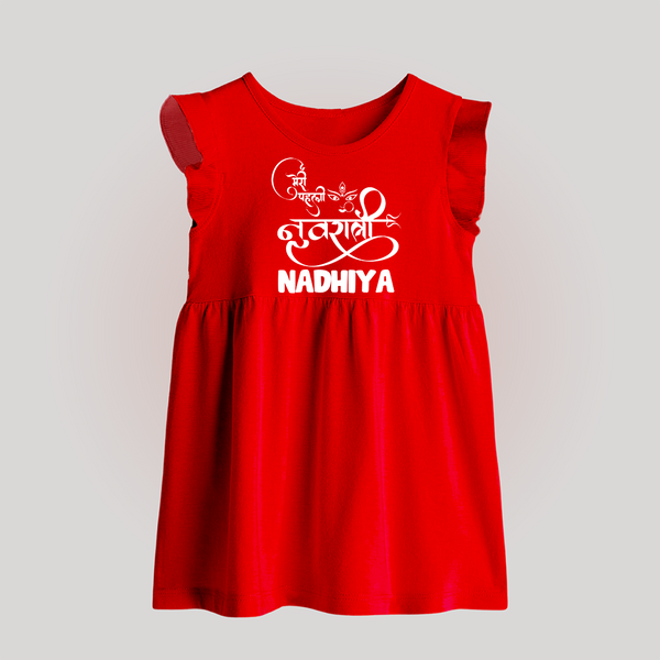 My First Navratri Devi Eyes Personalized Baby Frock - RED - 0 - 3 Months Old (Chest 17")
