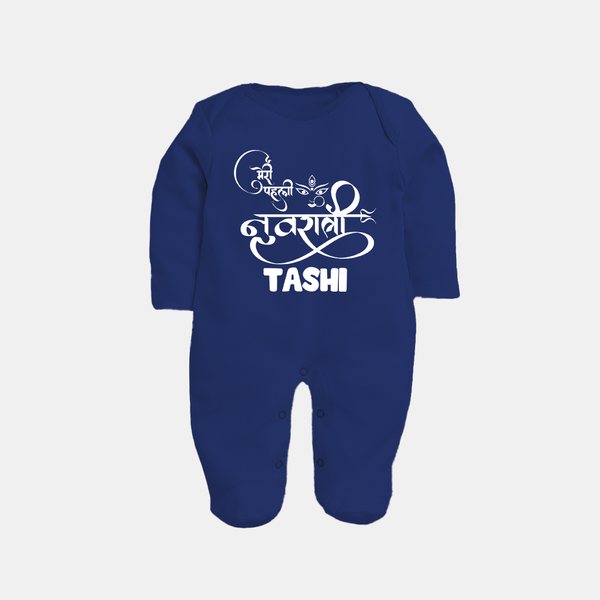 My First Navratri Devi Eyes Personalized Full Body Suit - NAVY BLUE - New Born (Chest 7.5")