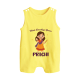 Choti Dandiya Queen Romper suit/sleeveless romper | Personalized Baby Romper suit/sleeveless romper for Garba Fun - PASTEL YELLOW - 0 - 5 Months Old (Chest 18")