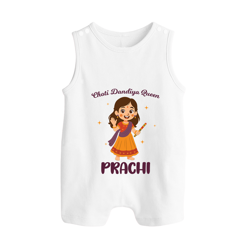 Choti Dandiya Queen Romper suit/sleeveless romper | Personalized Baby Romper suit/sleeveless romper for Garba Fun - WHITE - 0 - 5 Months Old (Chest 18")