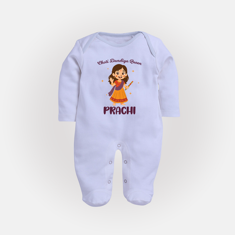 Choti Dandiya Queen Sleep suit/full sleeve body suit | Personalized Baby Sleep suit/full sleeve body suit for Garba Fun - BABY BLUE - New Born (Chest 7.5")