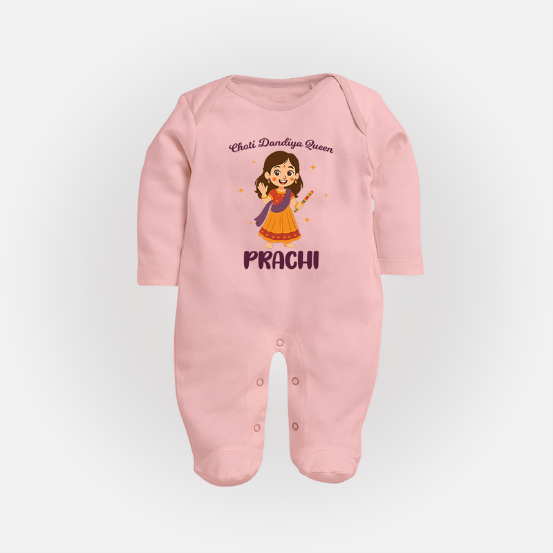 Choti Dandiya Queen Sleep suit/full sleeve body suit | Personalized Baby Sleep suit/full sleeve body suit for Garba Fun - BABY PINK - New Born (Chest 7.5")