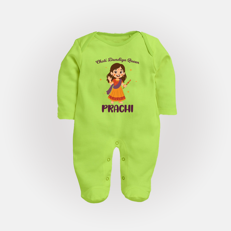 Choti Dandiya Queen Sleep suit/full sleeve body suit | Personalized Baby Sleep suit/full sleeve body suit for Garba Fun - LIME GREEN - New Born (Chest 7.5")
