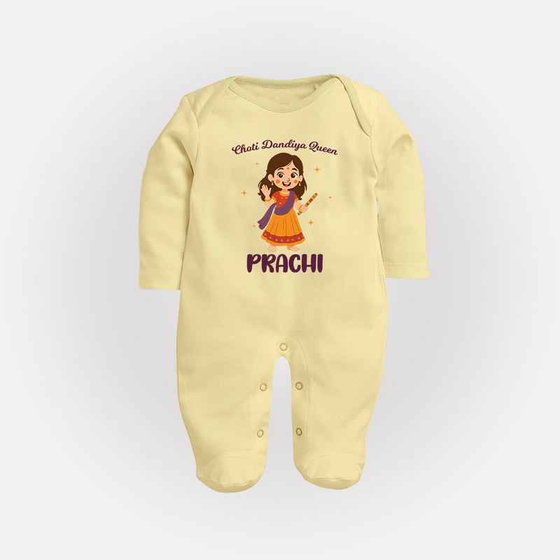 Choti Dandiya Queen Sleep suit/full sleeve body suit | Personalized Baby Sleep suit/full sleeve body suit for Garba Fun - PASTEL YELLOW - New Born (Chest 7.5")