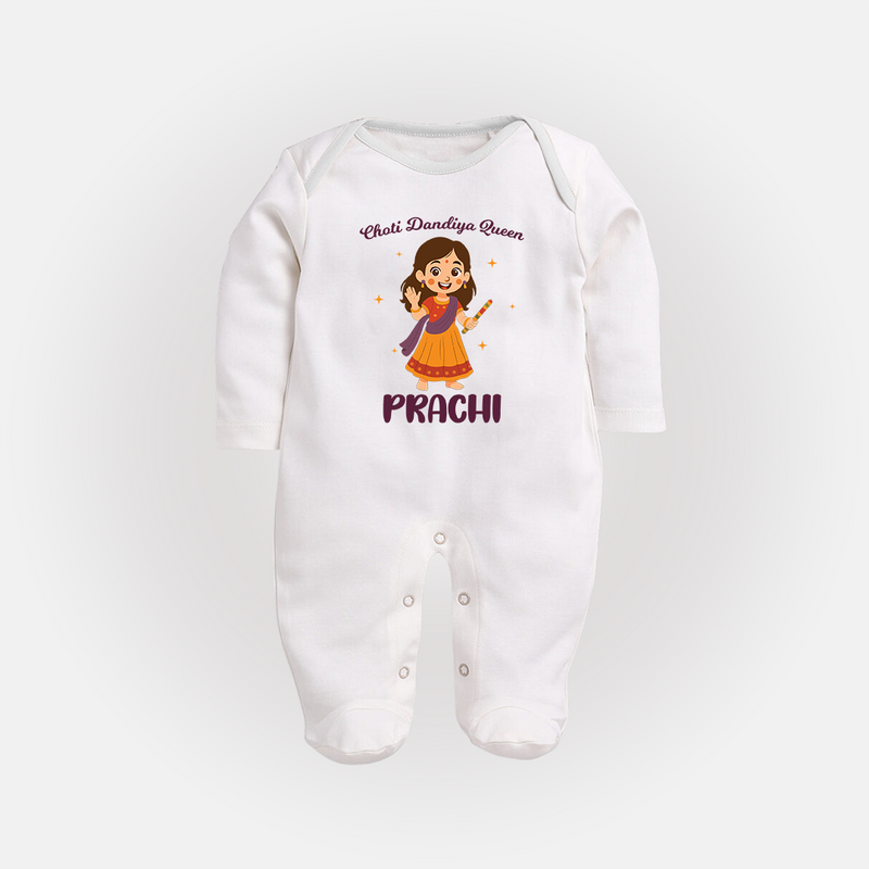 Choti Dandiya Queen Sleep suit/full sleeve body suit | Personalized Baby Sleep suit/full sleeve body suit for Garba Fun - WHITE - New Born (Chest 7.5")