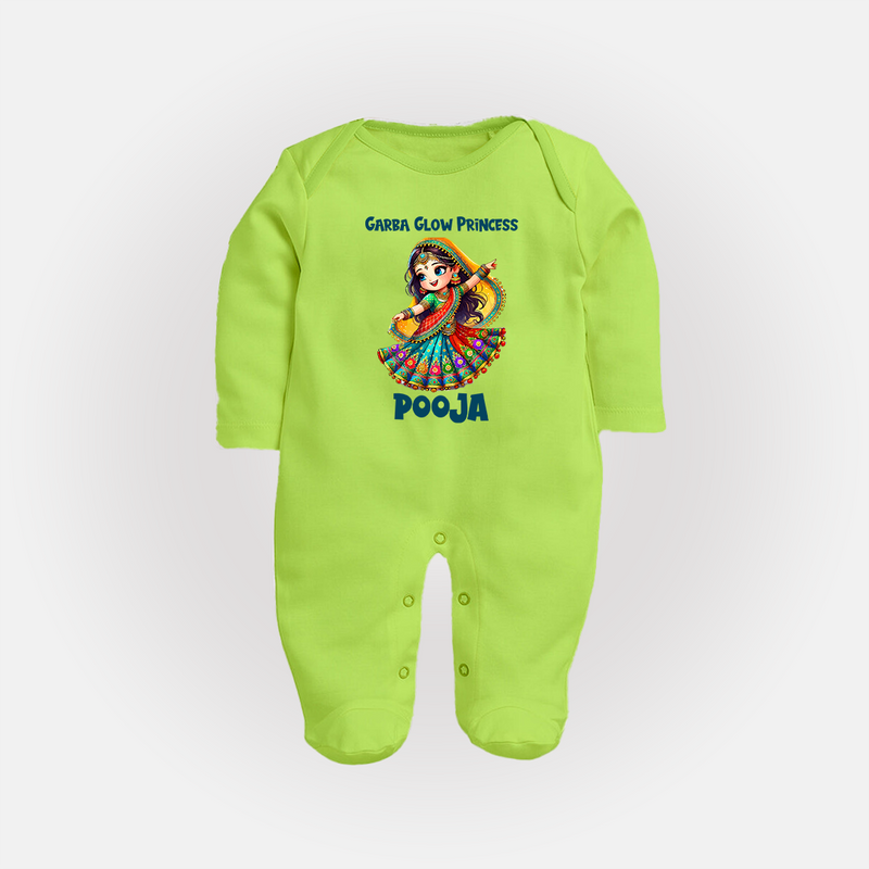 Garba Glow Princess Sleep suit/full sleeve body suit | Custom Baby Sleep suit/full sleeve body suit for Little Princess - LIME GREEN - New Born (Chest 7.5")