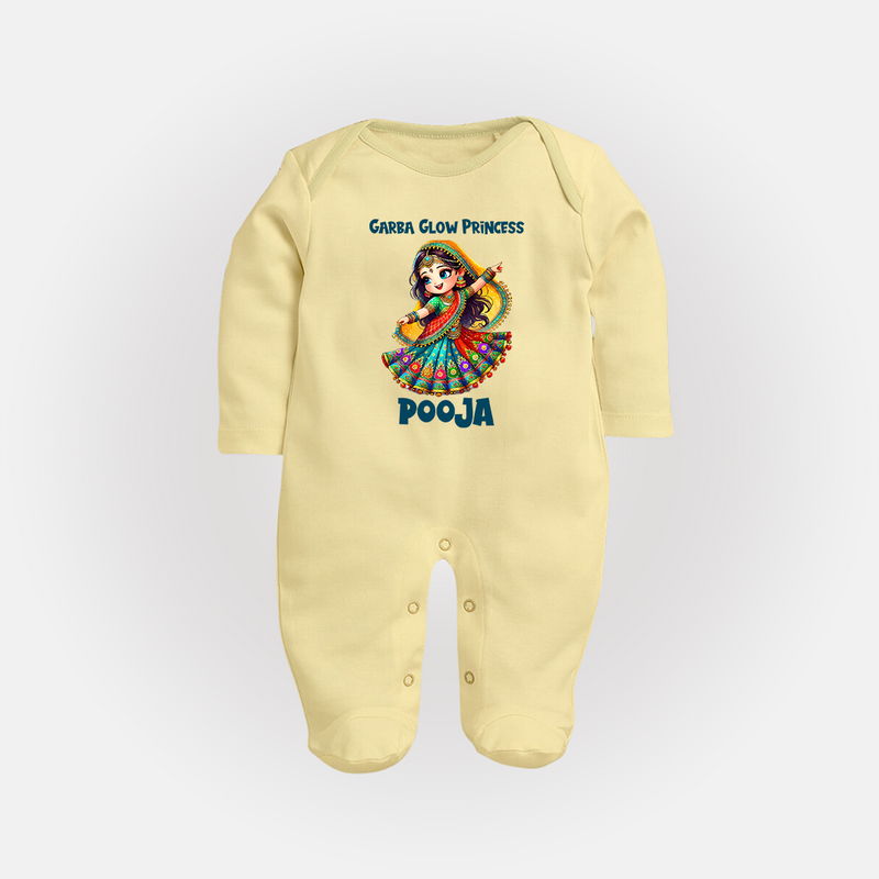 Garba Glow Princess Sleep suit/full sleeve body suit | Custom Baby Sleep suit/full sleeve body suit for Little Princess - PASTEL YELLOW - New Born (Chest 7.5")