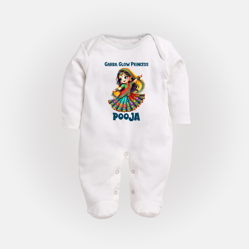 Garba Glow Princess Sleep suit/full sleeve body suit | Custom Baby Sleep suit/full sleeve body suit for Little Princess - WHITE - New Born (Chest 7.5")