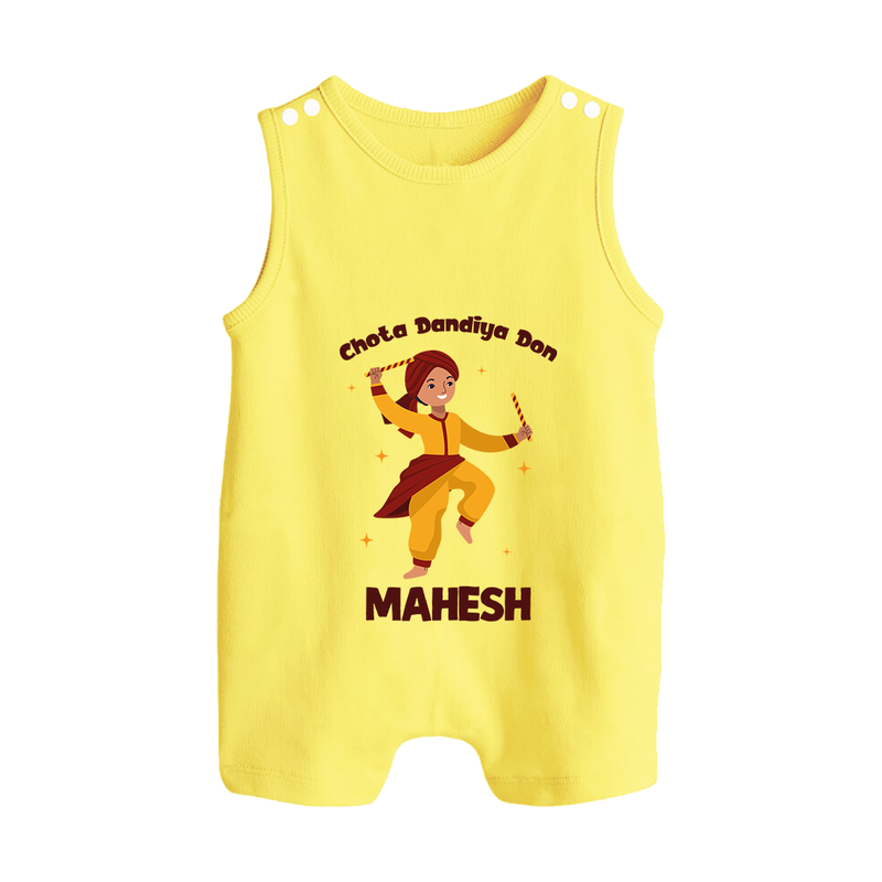 Chota Dandiya Don Romper suit/sleeveless romper | Personalized Baby Romper suit/sleeveless romper for Garba Nights - PASTEL YELLOW - 0 - 5 Months Old (Chest 18")