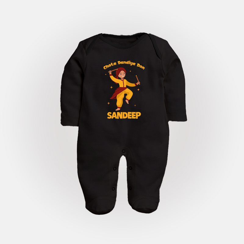 Chota Dandiya Don Sleep suit/full sleeve body suit | Personalized Baby Sleep suit/full sleeve body suit for Garba Nights - BLACK - New Born (Chest 7.5")