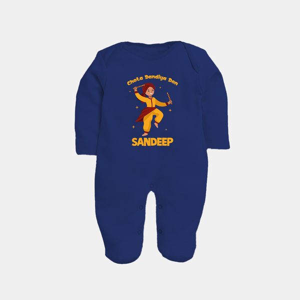Chota Dandiya Don Sleep suit/full sleeve body suit | Personalized Baby Sleep suit/full sleeve body suit for Garba Nights - NAVY BLUE - New Born (Chest 7.5")