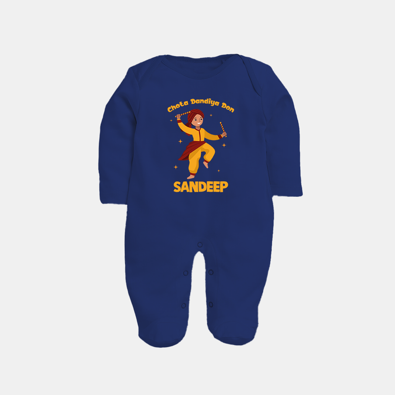 Chota Dandiya Don Sleep suit/full sleeve body suit | Personalized Baby Sleep suit/full sleeve body suit for Garba Nights - NAVY BLUE - New Born (Chest 7.5")