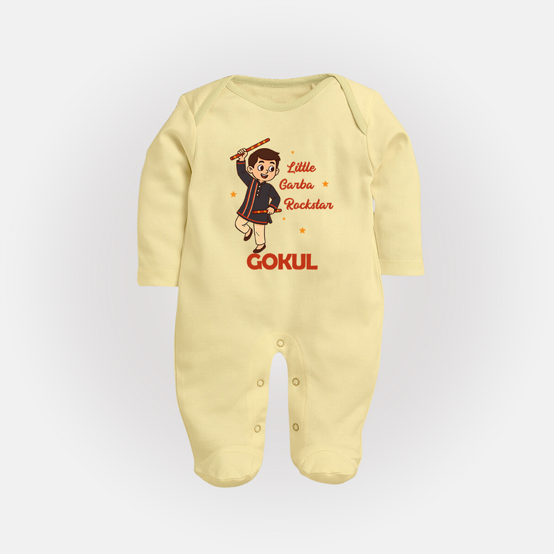 Little Garba Rockstar Sleep suit/full sleeve body suit | Custom Baby Sleep suit/full sleeve body suit for Dance Lovers - PASTEL YELLOW - New Born (Chest 7.5")