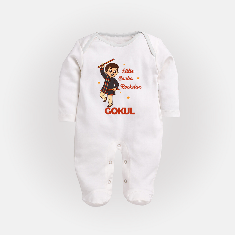 Little Garba Rockstar Sleep suit/full sleeve body suit | Custom Baby Sleep suit/full sleeve body suit for Dance Lovers - WHITE - New Born (Chest 7.5")