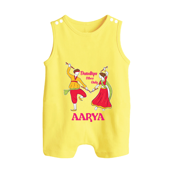 Dandiya Vibes Only Romper suit/sleeveless romper | Custom Baby Romper suit/sleeveless romper for Garba and Navratri - PASTEL YELLOW - 0 - 5 Months Old (Chest 18")