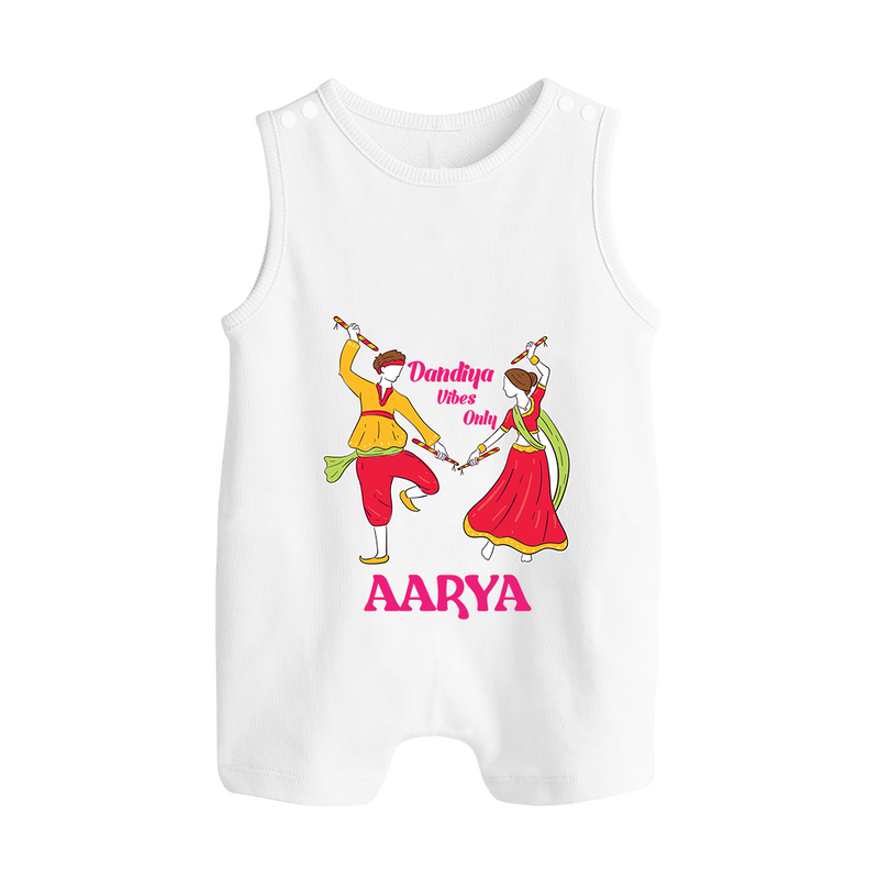 Dandiya Vibes Only Romper suit/sleeveless romper | Custom Baby Romper suit/sleeveless romper for Garba and Navratri - WHITE - 0 - 5 Months Old (Chest 18")