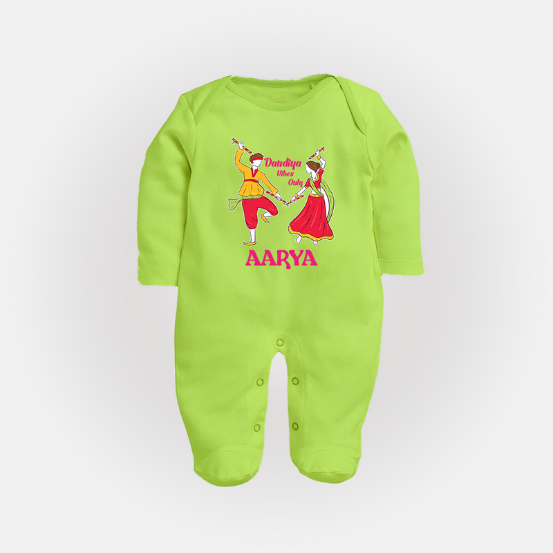 Dandiya Vibes Only Sleep suit/full sleeve body suit | Custom Baby Sleep suit/full sleeve body suit for Garba and Navratri - LIME GREEN - New Born (Chest 7.5")