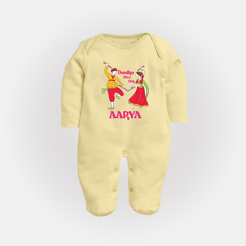 Dandiya Vibes Only Sleep suit/full sleeve body suit | Custom Baby Sleep suit/full sleeve body suit for Garba and Navratri - PASTEL YELLOW - New Born (Chest 7.5")