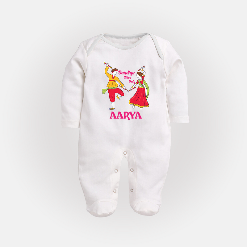 Dandiya Vibes Only Sleep suit/full sleeve body suit | Custom Baby Sleep suit/full sleeve body suit for Garba and Navratri - WHITE - New Born (Chest 7.5")