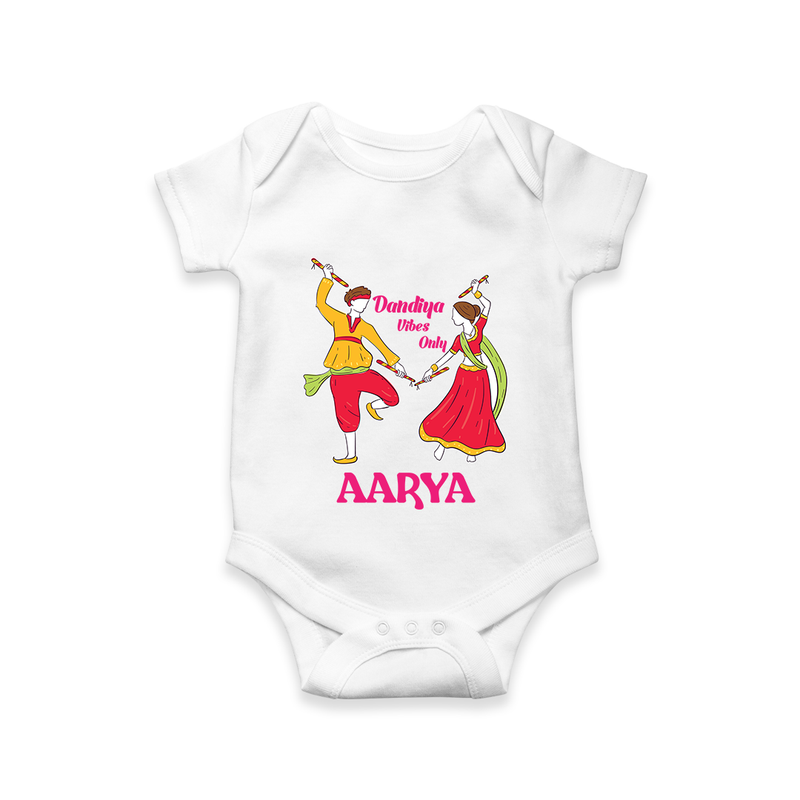 Dandiya Vibes Only Romper/Onesie | Custom Baby Romper/Onesie for Garba and Navratri - WHITE - New Born (Chest 14")
