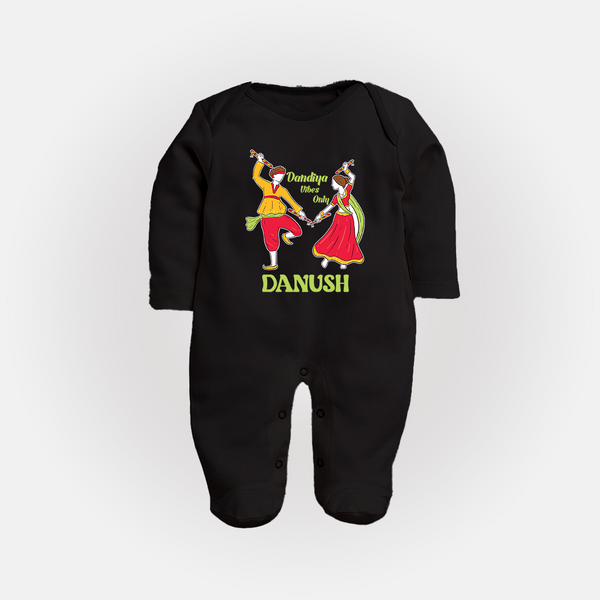 Dandiya Vibes Only Sleep suit/full sleeve body suit | Custom Baby Sleep suit/full sleeve body suit for Garba and Navratri - BLACK - New Born (Chest 7.5")