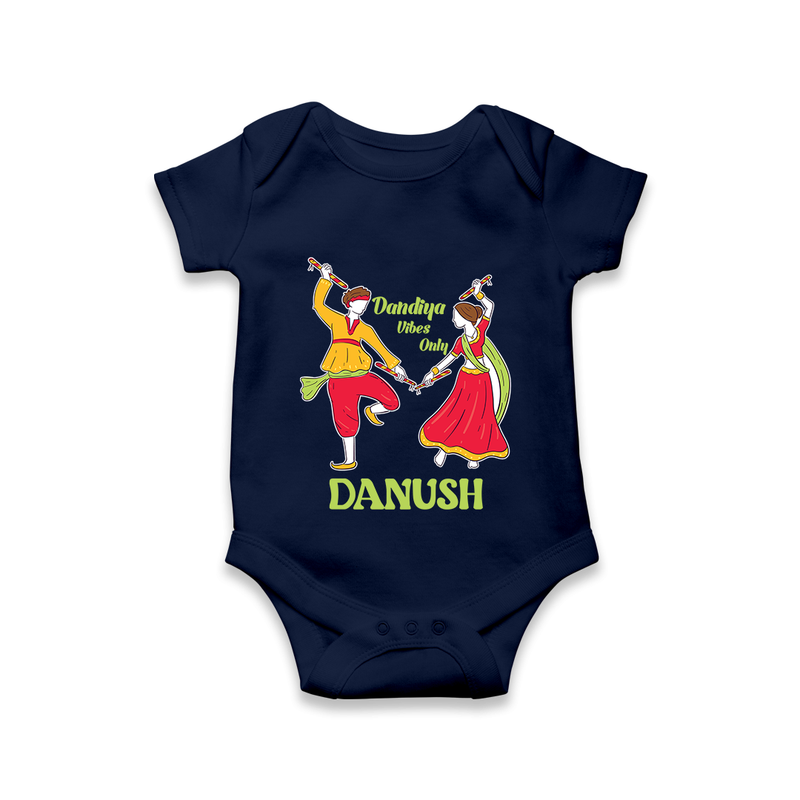 Dandiya Vibes Only Romper/Onesie | Custom Baby Romper/Onesie for Garba and Navratri - NAVY BLUE - New Born (Chest 14")