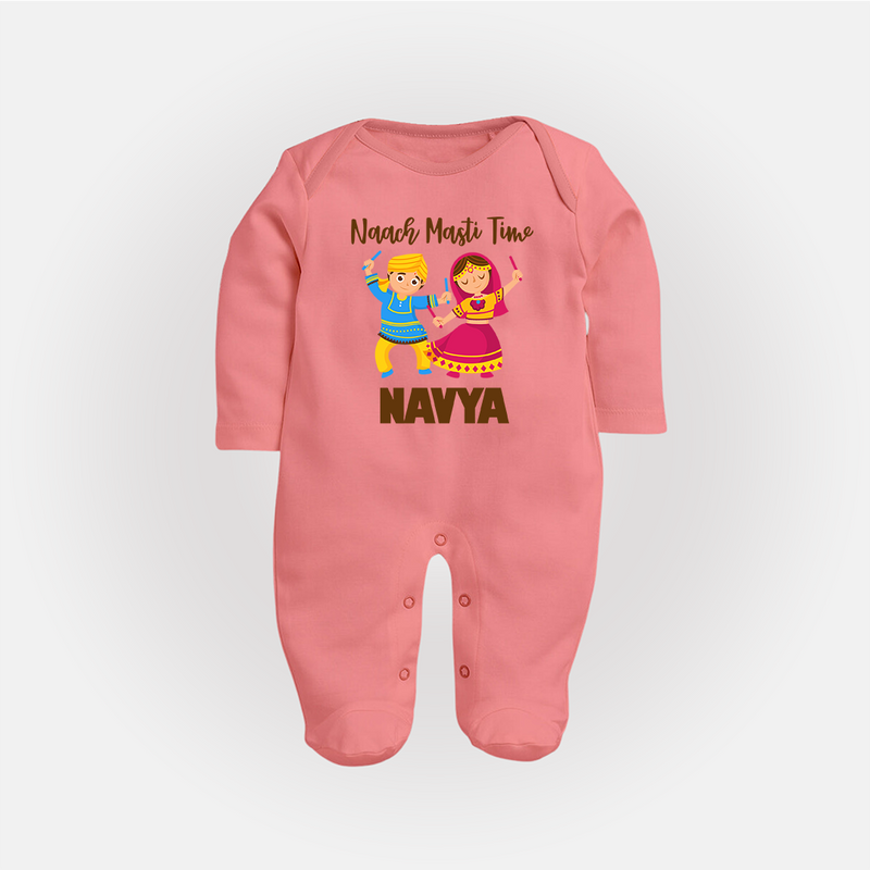 Naach Masti Time Sleep suit/full sleeve body suit | Custom Baby Sleep suit/full sleeve body suit for Little Dancers - PEACH - New Born (Chest 7.5")