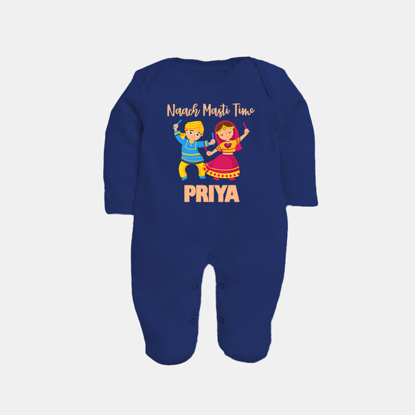 Naach Masti Time Sleep suit/full sleeve body suit | Custom Baby Sleep suit/full sleeve body suit for Little Dancers - NAVY BLUE - New Born (Chest 7.5")