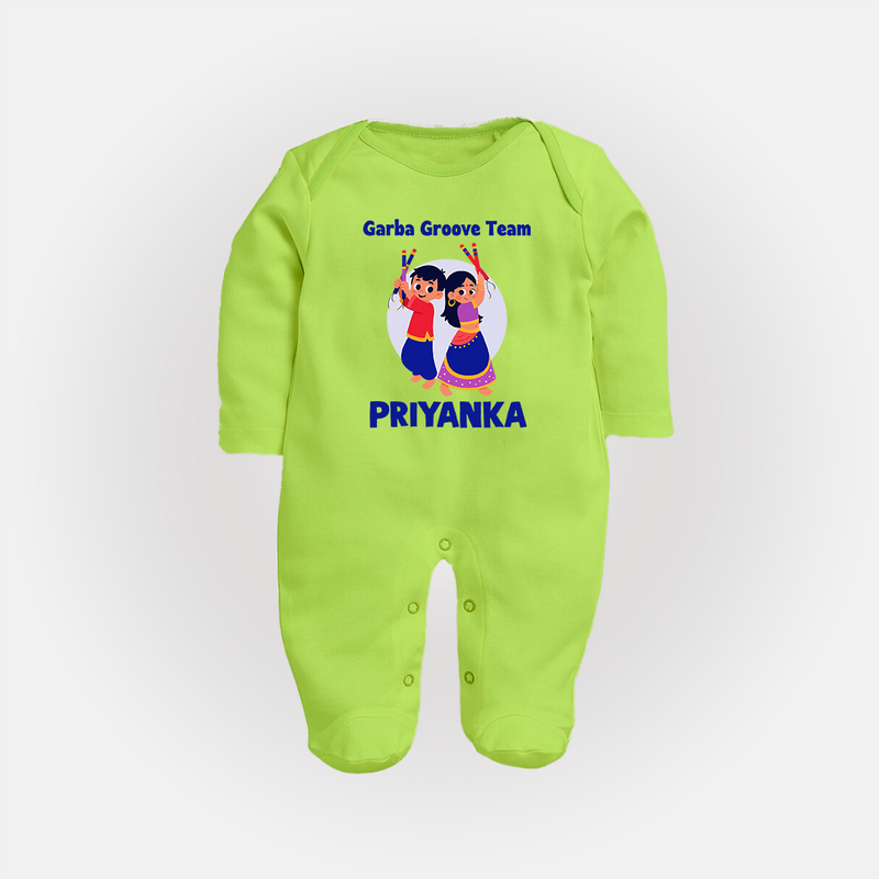 Garba Groove Team Sleep suit/full sleeve body suit | Personalized Baby Sleep suit/full sleeve body suit for Festival Fun - LIME GREEN - New Born (Chest 7.5")