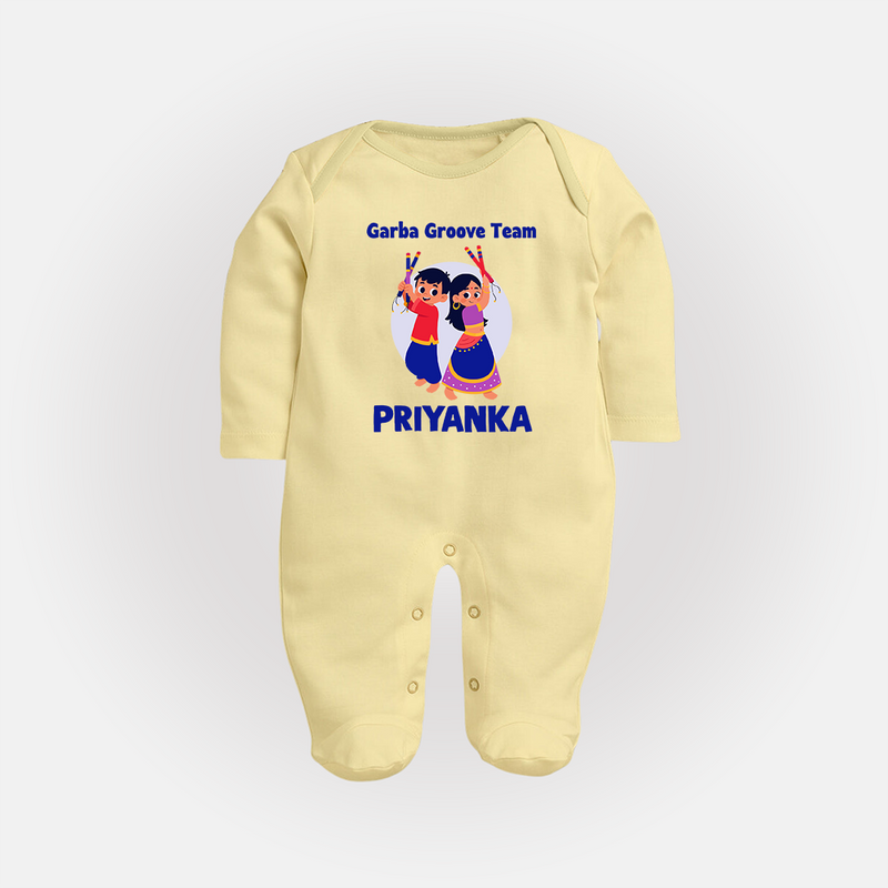 Garba Groove Team Sleep suit/full sleeve body suit | Personalized Baby Sleep suit/full sleeve body suit for Festival Fun - PASTEL YELLOW - New Born (Chest 7.5")