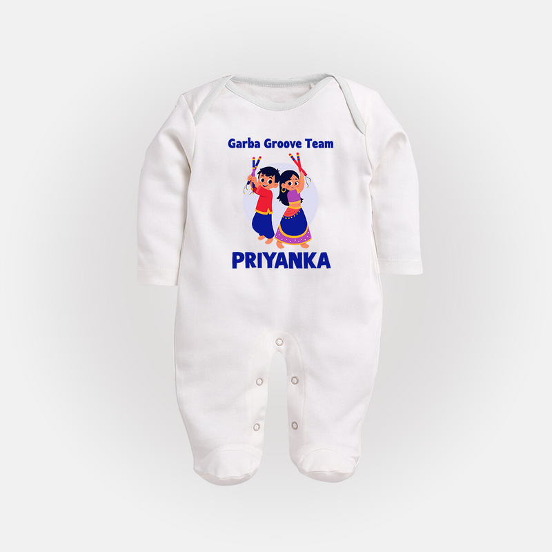 Garba Groove Team Sleep suit/full sleeve body suit | Personalized Baby Sleep suit/full sleeve body suit for Festival Fun - WHITE - New Born (Chest 7.5")