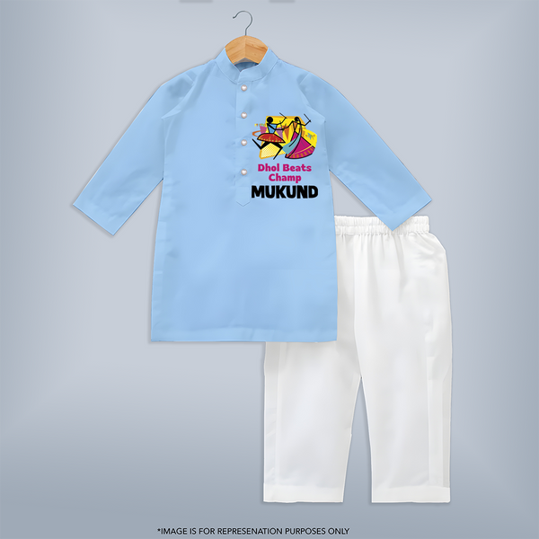 Dhol Beats Champ Personalized Kurta Set - BABY BLUE - 3 - 6 Months Old (Chest 24", Kurta Length 14'', Waist 19", Pant Length 14")